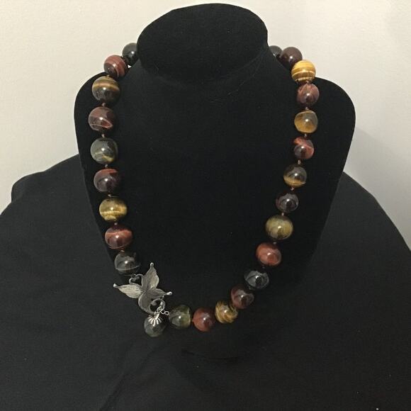 Tiger's Eye Butterfly Clasp Necklace-Multicolored - Picture 1 of 2